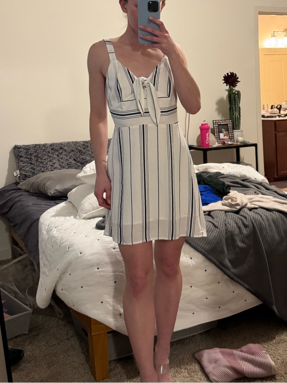 J.O.A. White Mini Dress with Navy Vertical Stripes and Front Tie